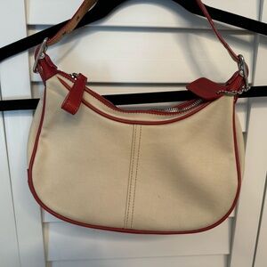 COACH Ivory/Cream canvas with red leather trim, strap, tags w/blue canvas lining